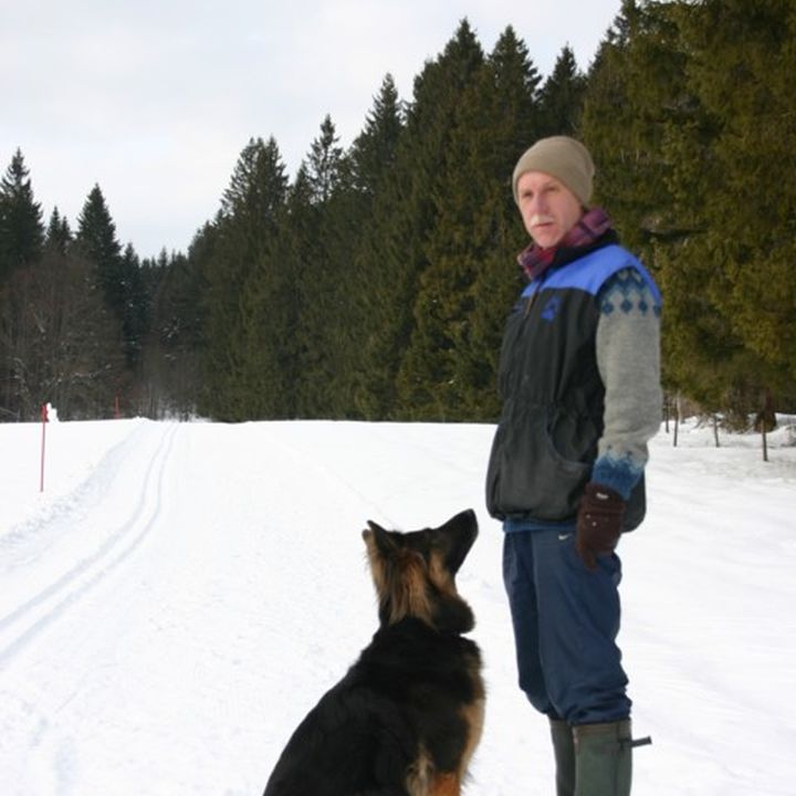 Mann und Schäferhund im Schnee vor einem Nadelwald